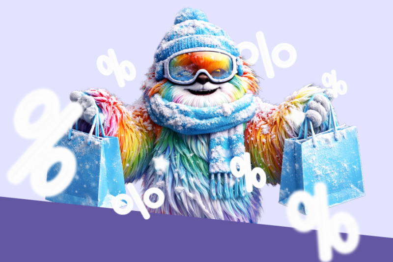 grafika maskotki galerii tęcza wraz z torbami i procentami